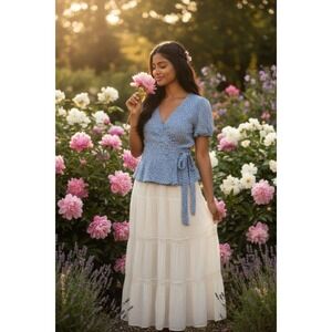 Elodie S Blue‎ Floral Wrap Peplum Blouse Top Rayon Boho Cottagecore Tie Front